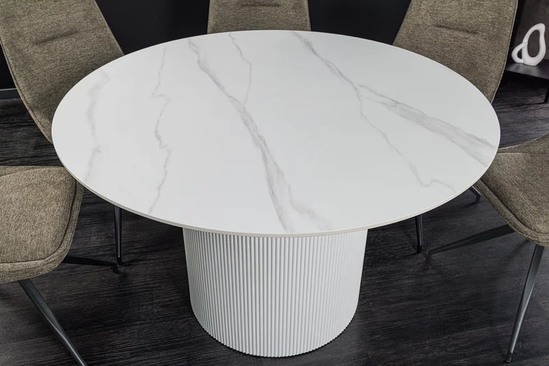 Table à manger ronde UNIQUE 120cm en céramique blanche avec piètement pilier