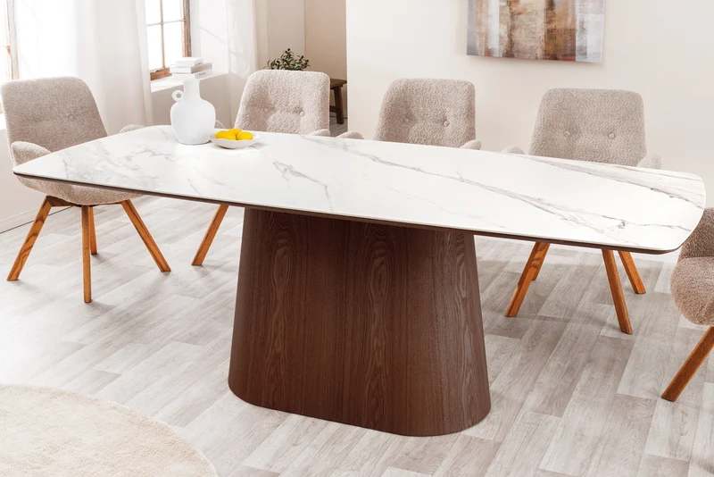 Table à manger design UNIQUE 200cm noyer blanc céramique base colonne marbre