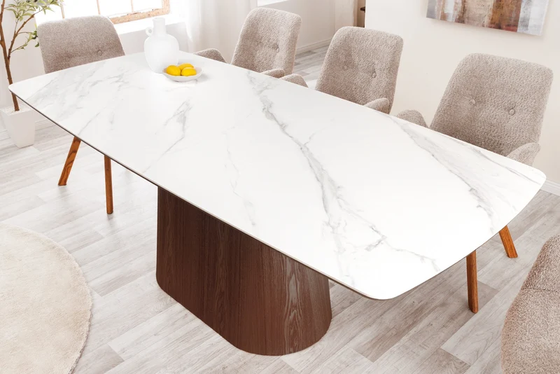 Table à manger design UNIQUE 200cm noyer blanc céramique base colonne marbre