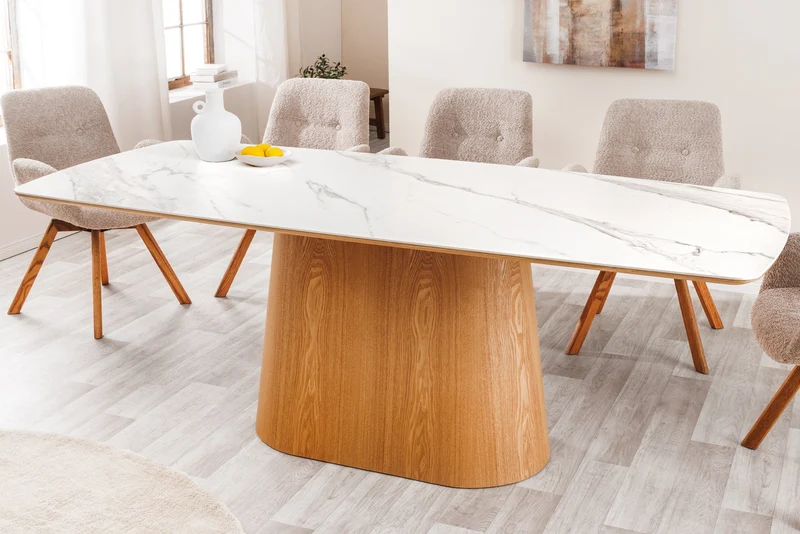 Table à manger design UNIQUE 200cm chêne blanc céramique base colonne marbre