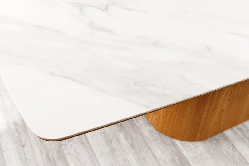 Table à manger design UNIQUE 200cm chêne blanc céramique base colonne marbre