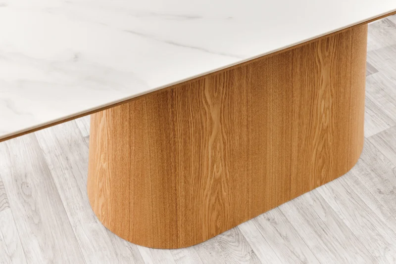 Table à manger design UNIQUE 200cm chêne blanc céramique base colonne marbre