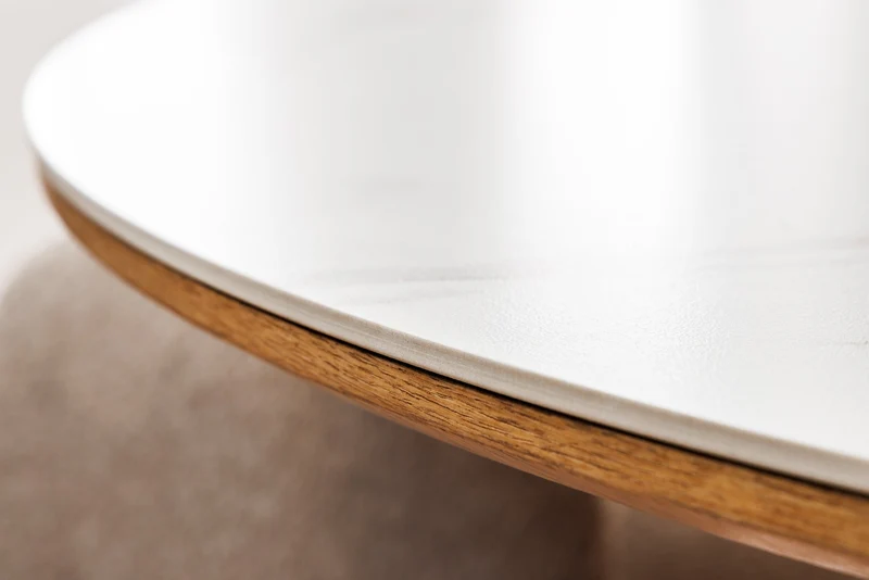 Table à manger ronde UNIQUE 120cm bois de chêne naturel blanc céramique base pilier en marbre