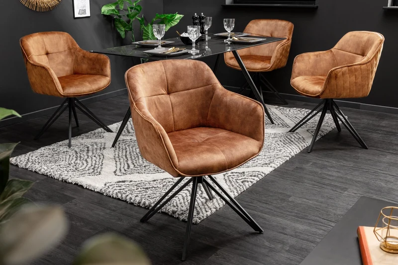 Chaise design rotative EUPHORIA velours marron rouille avec accoudoir structure métal noir