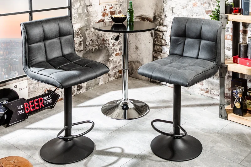 Tabouret de bar réglable en hauteur MODENA vintage gris microfibre métal noir avec dossier rotatif
