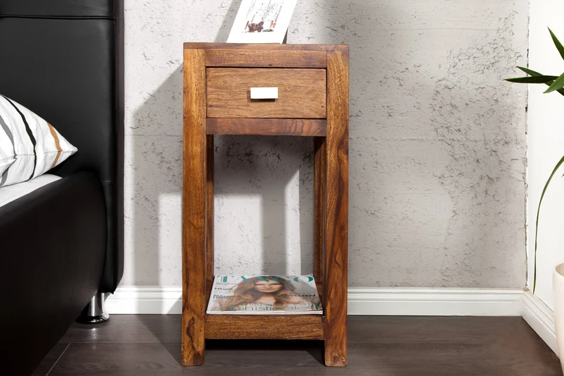 Table d’appoint en bois massif MAKASSAR 70cm finition pierre Sheesham marron avec espace de rangement