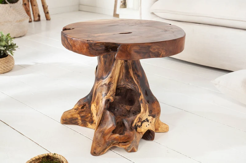 Table d'appoint solide ROOT 40cm tabouret en bois de teck fabriqué en bois de racine