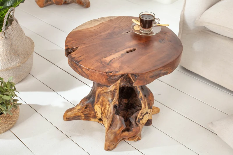 Table d'appoint solide ROOT 40cm tabouret en bois de teck fabriqué en bois de racine