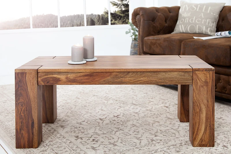 Table basse en bois massif MAKASSAR 100cm finition pierre de Sheesham marron grain unique