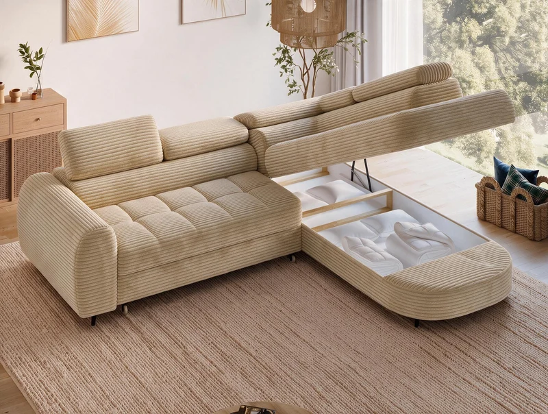 Canapé d'angle convertible design ALESIA avec coffre de rangement