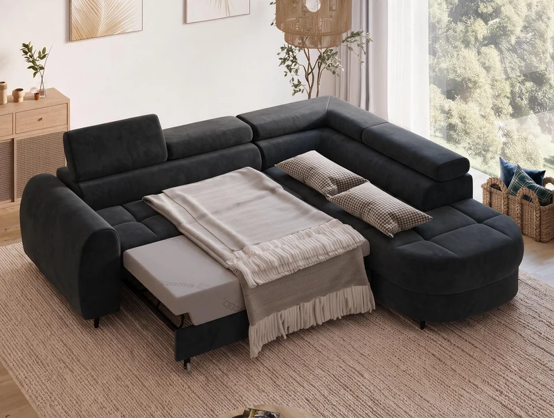 Canapé d'angle convertible design ALESIA avec coffre de rangement