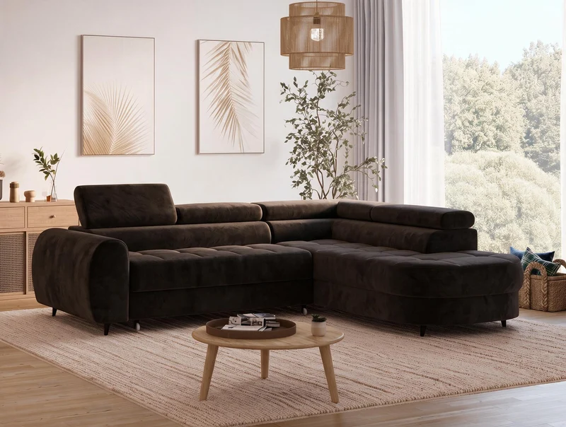 Canapé d'angle convertible design ALESIA avec coffre de rangement