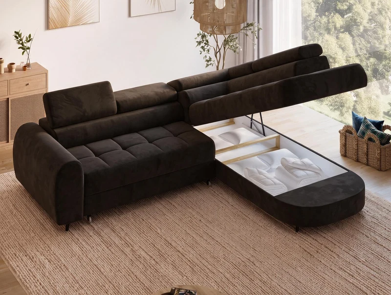 Canapé d'angle convertible design ALESIA avec coffre de rangement