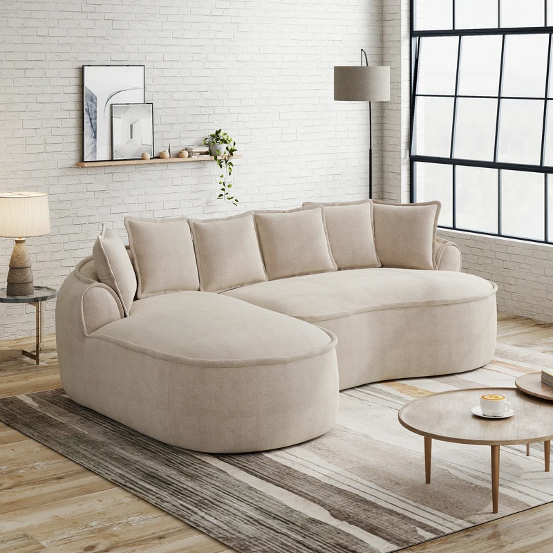 Ensemble de canapé modulable 3 places sans cadre en tissu chenille beige et table d'appoint ronde beige dorée CRYSTALNOVA+PHOENIXRISE