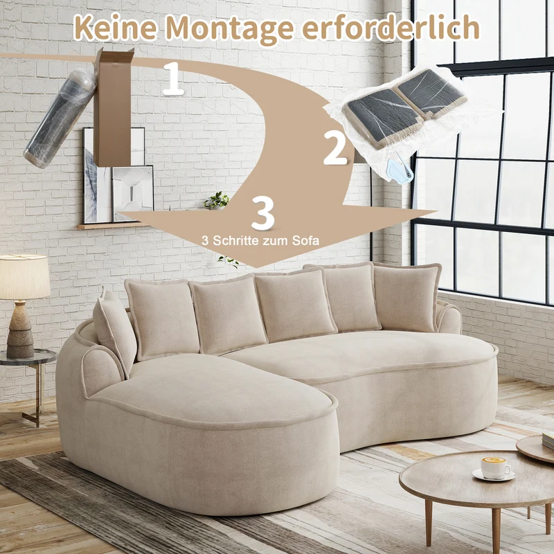 Ensemble de canapé modulable 3 places sans cadre en tissu chenille beige et table d'appoint ronde beige dorée CRYSTALNOVA+PHOENIXRISE