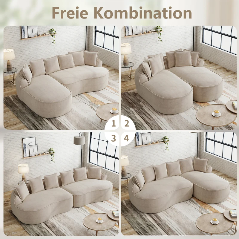 Ensemble de canapé modulable 3 places sans cadre en tissu chenille beige et table d'appoint ronde beige dorée CRYSTALNOVA+PHOENIXRISE