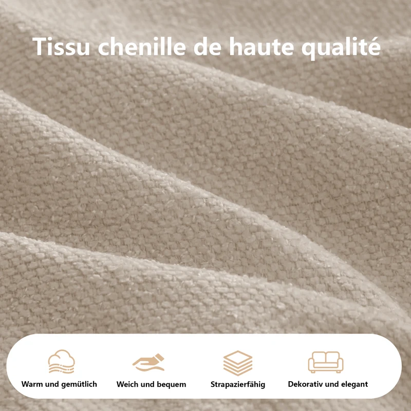 Ensemble de canapé modulable 3 places sans cadre en tissu chenille beige et table d'appoint ronde beige dorée CRYSTALNOVA+PHOENIXRISE