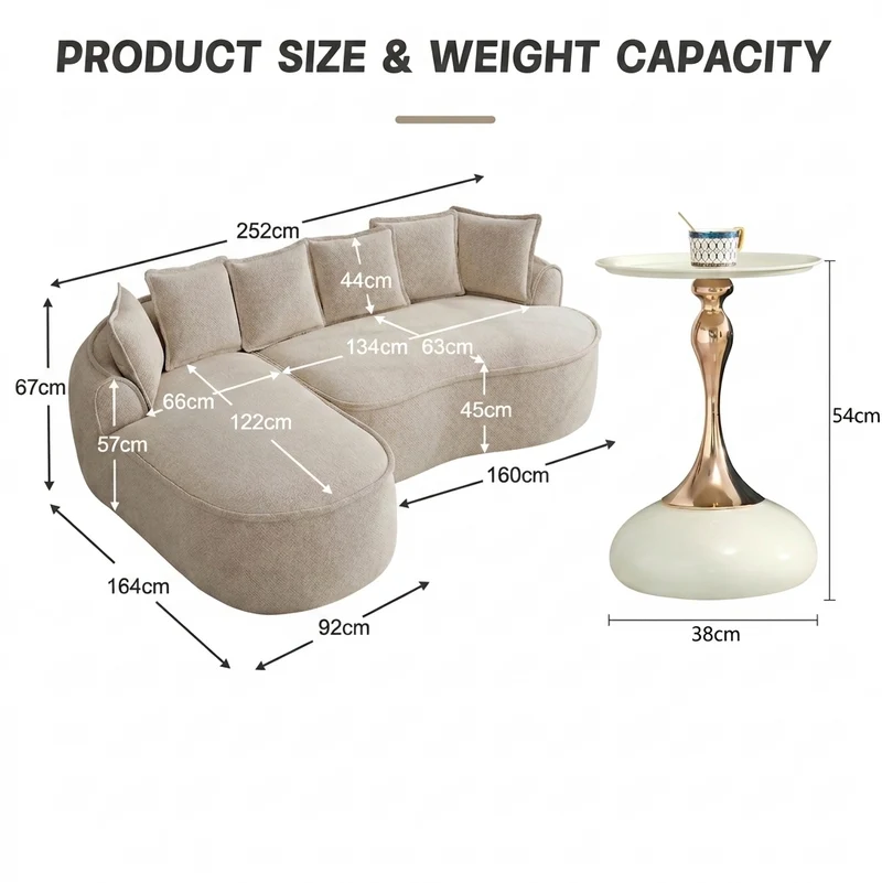 Ensemble de canapé modulable 3 places sans cadre en tissu chenille beige et table d'appoint ronde beige dorée CRYSTALNOVA+PHOENIXRISE