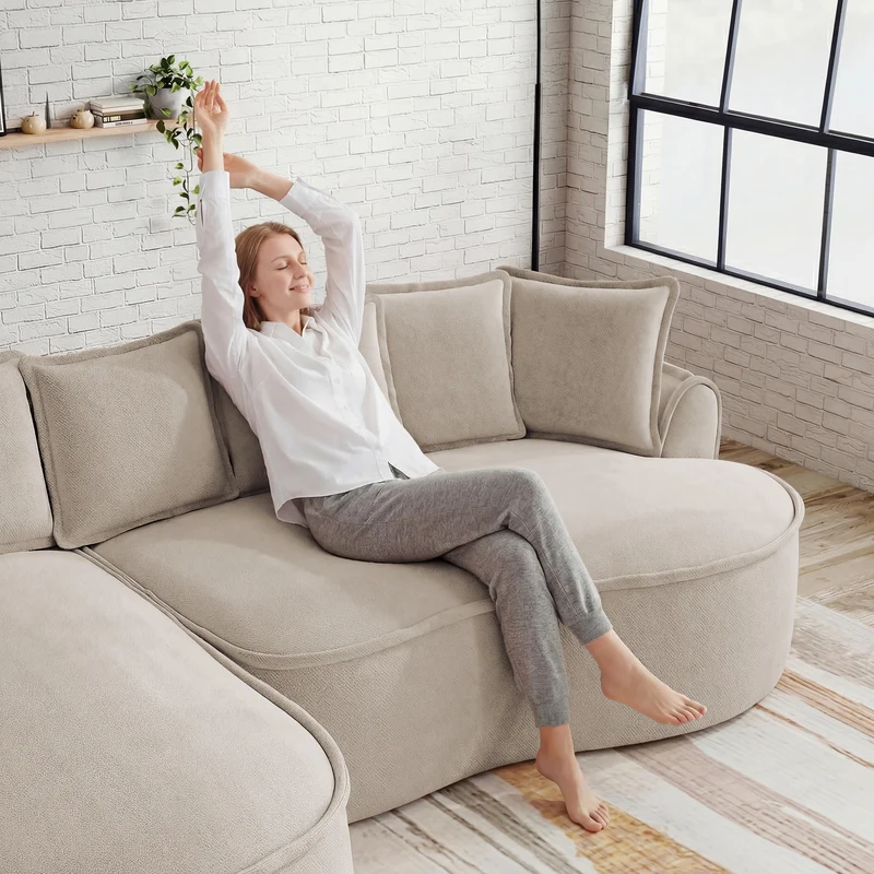 Ensemble de canapé modulable 3 places sans cadre en tissu chenille beige et table d'appoint ronde beige dorée CRYSTALNOVA+PHOENIXRISE