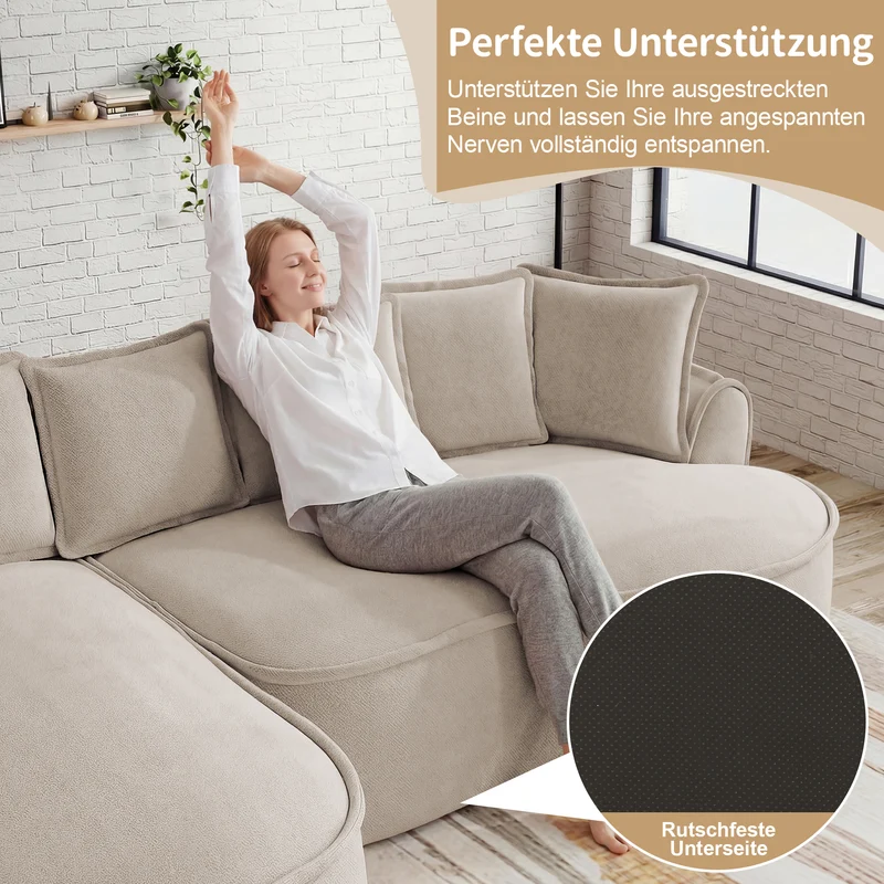 Ensemble de canapé modulable 3 places sans cadre en tissu chenille beige et table d'appoint ronde beige dorée CRYSTALNOVA+PHOENIXRISE