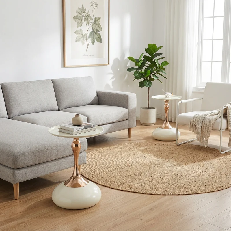 Ensemble de canapé modulable 3 places sans cadre en tissu chenille beige et table d'appoint ronde beige dorée CRYSTALNOVA+PHOENIXRISE