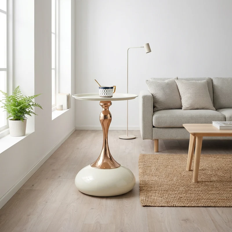 Ensemble de canapé modulable 3 places sans cadre en tissu chenille beige et table d'appoint ronde beige dorée CRYSTALNOVA+PHOENIXRISE