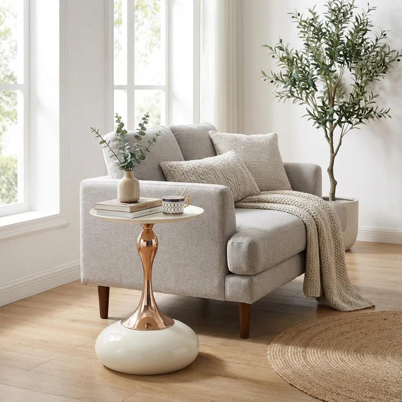 Ensemble de canapé modulable 3 places sans cadre en tissu chenille beige et table d'appoint ronde beige dorée CRYSTALNOVA+PHOENIXRISE