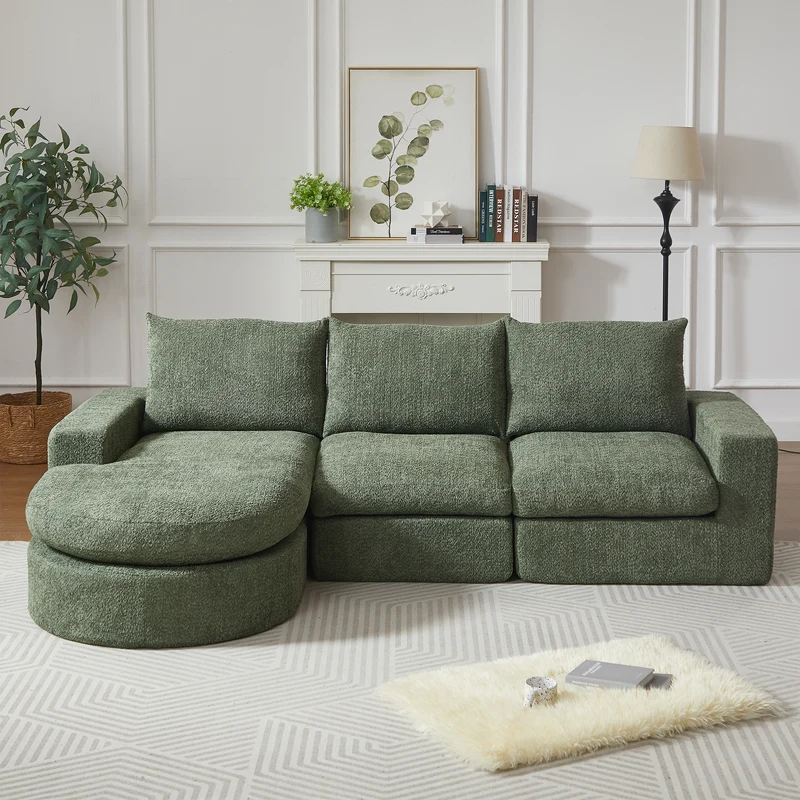 Ensemble de canapé modulable 3 places en chenille vert et table basse relevable effet blanc chêne VERTEXZORATHYNOR ELOT OAK