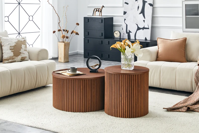 Lot de 2 tables basses gigognes effet bois noyer design colonne romaine CASCADEVEXX