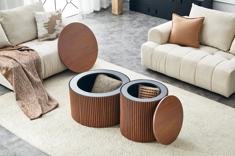 Lot de 2 tables basses gigognes effet bois noyer design colonne romaine CASCADEVEXX
