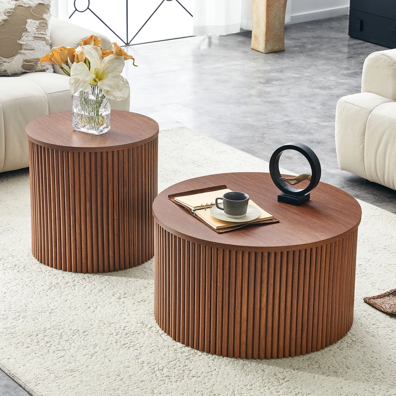 Lot de 2 tables basses gigognes effet bois noyer design colonne romaine CASCADEVEXX