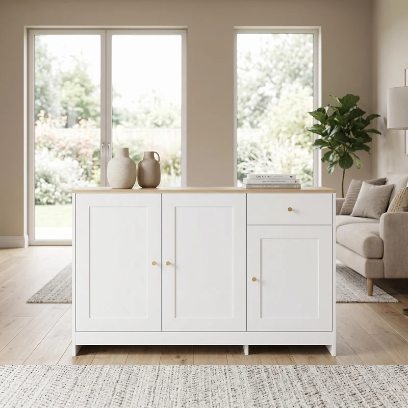 Buffet effet bois et blanc 3 portes 1 tiroir 120x40x75cm MOMENTUMINFI