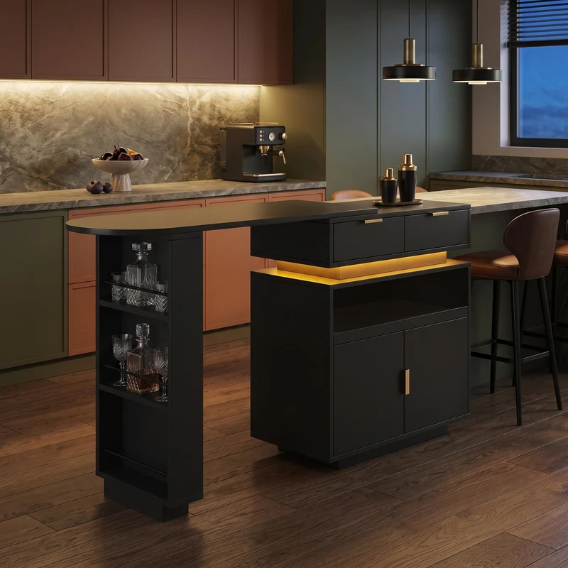 Table de bar extensible noire avec LED, style luxe, détails dorés MOMENTUMCASC