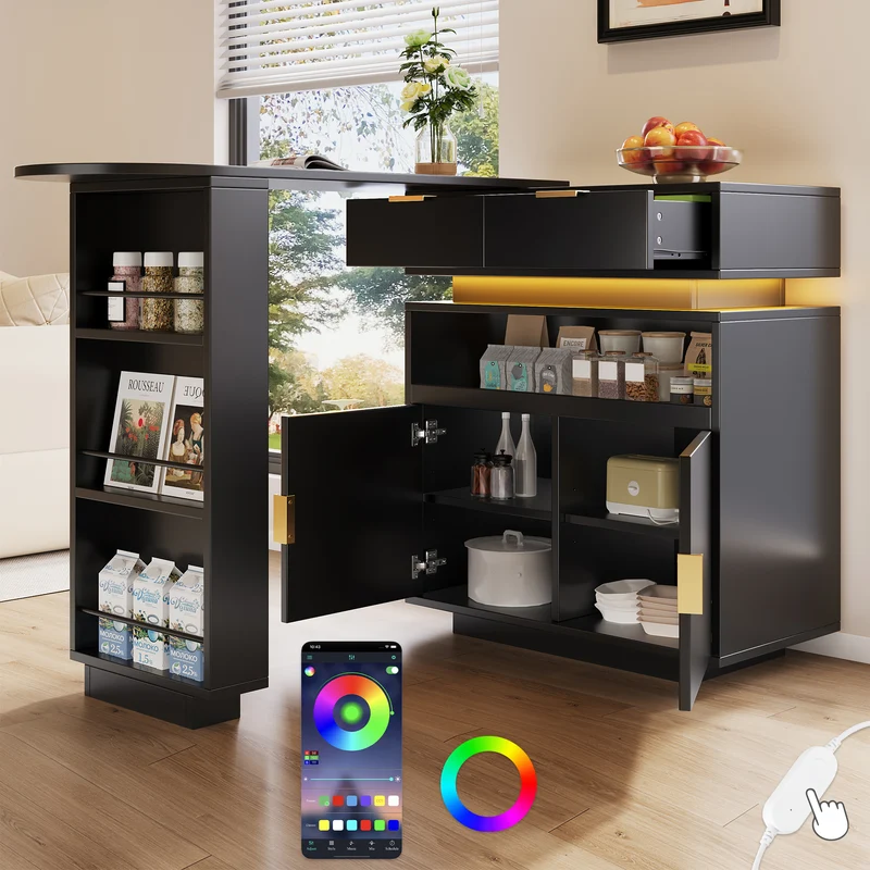 Table de bar extensible noire avec LED, style luxe, détails dorés MOMENTUMCASC
