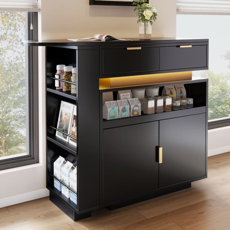 Table de bar extensible noire avec LED, style luxe, détails dorés MOMENTUMCASC