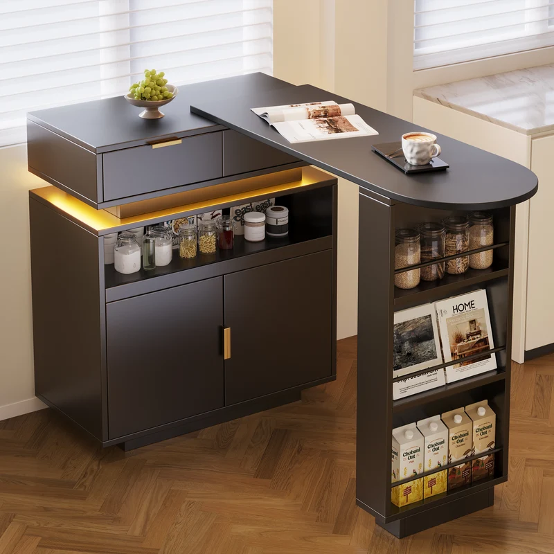 Table de bar extensible noire avec LED, style luxe, détails dorés MOMENTUMCASC