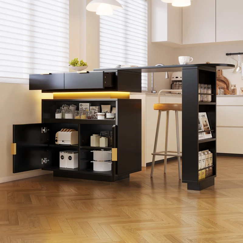 Table de bar extensible noire avec LED, style luxe, détails dorés MOMENTUMCASC