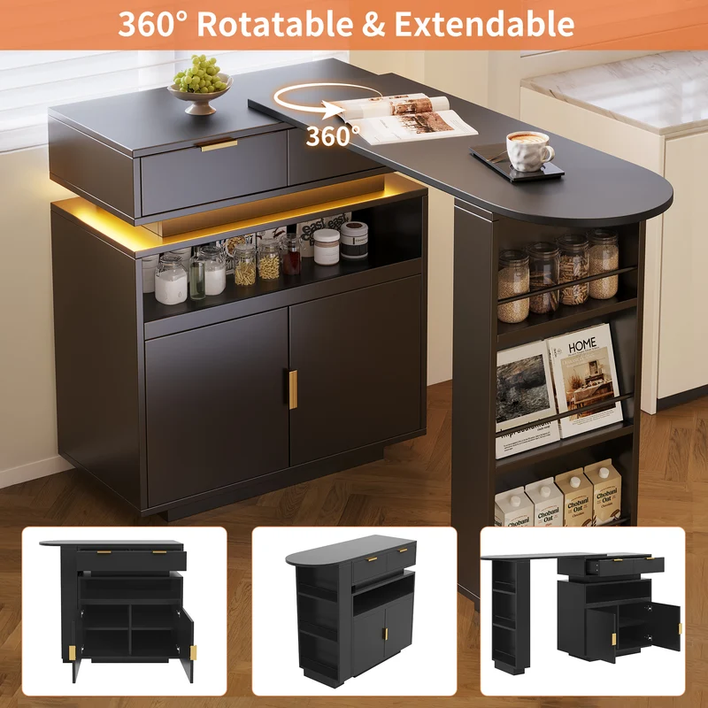Table de bar extensible noire avec LED, style luxe, détails dorés MOMENTUMCASC