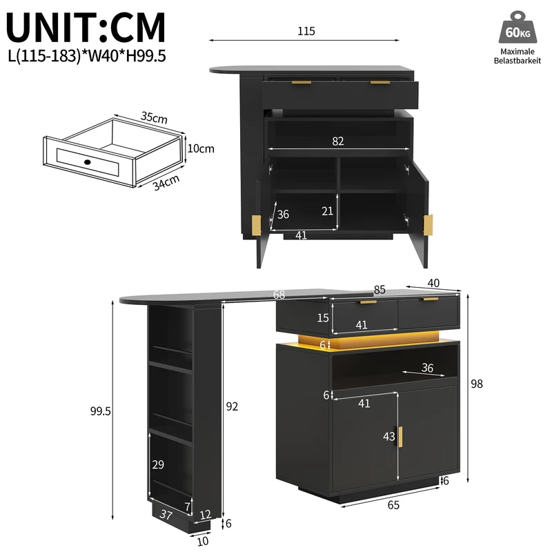 Table de bar extensible noire avec LED, style luxe, détails dorés MOMENTUMCASC