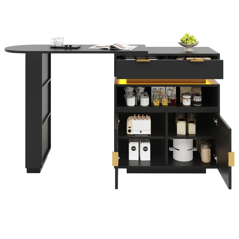 Table de bar extensible noire avec LED, style luxe, détails dorés MOMENTUMCASC