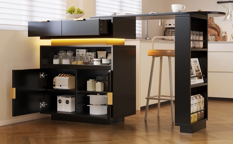 Table de bar extensible noire avec LED, style luxe, détails dorés MOMENTUMCASC