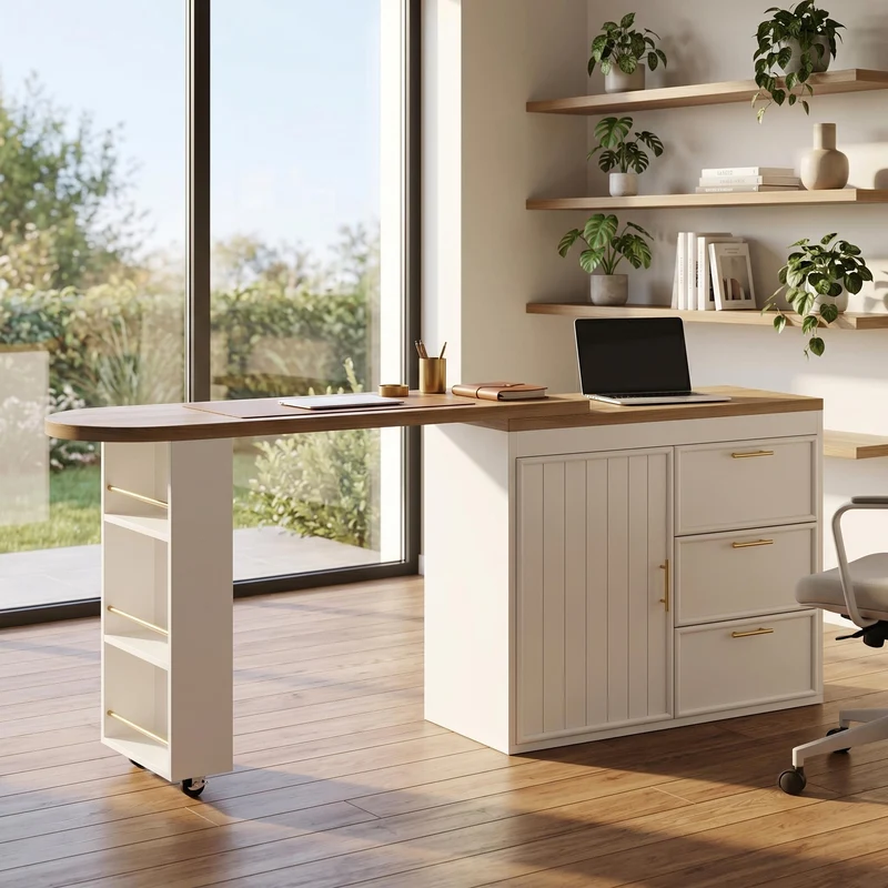Table de bar blanche effet bois avec plateau pivotant 360° modulable 128-203cm CASCADERIFTEE