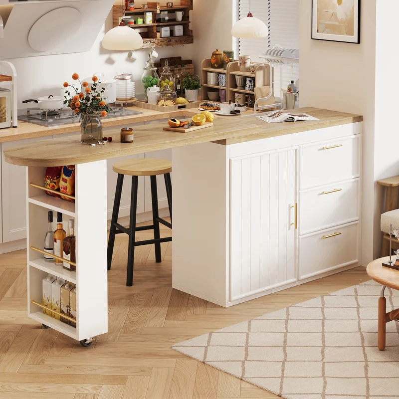 Table de bar blanche effet bois avec plateau pivotant 360° modulable 128-203cm CASCADERIFTEE