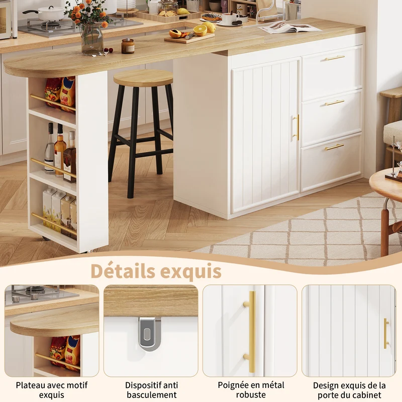 Table de bar blanche effet bois avec plateau pivotant 360° modulable 128-203cm CASCADERIFTEE