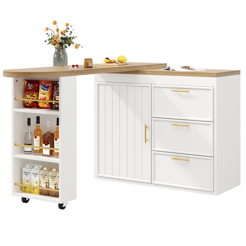 Table de bar blanche effet bois avec plateau pivotant 360° modulable 128-203cm CASCADERIFTEE
