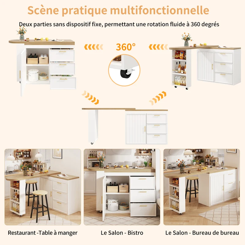 Table de bar blanche effet bois avec plateau pivotant 360° modulable 128-203cm CASCADERIFTEE