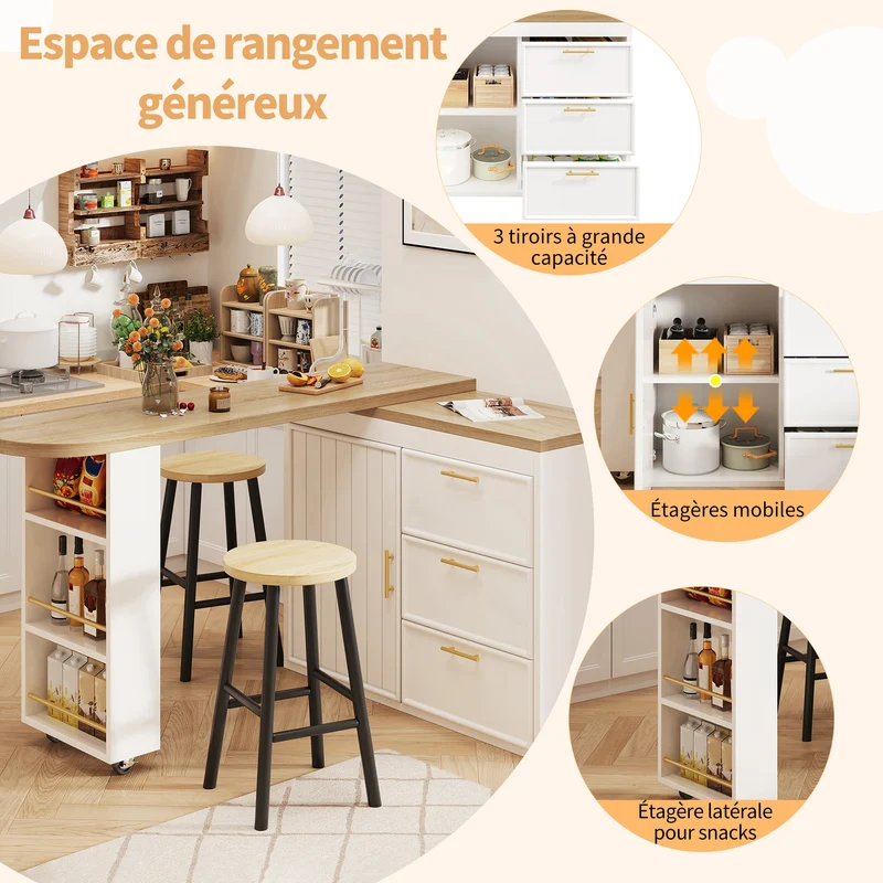 Table de bar blanche effet bois avec plateau pivotant 360° modulable 128-203cm CASCADERIFTEE