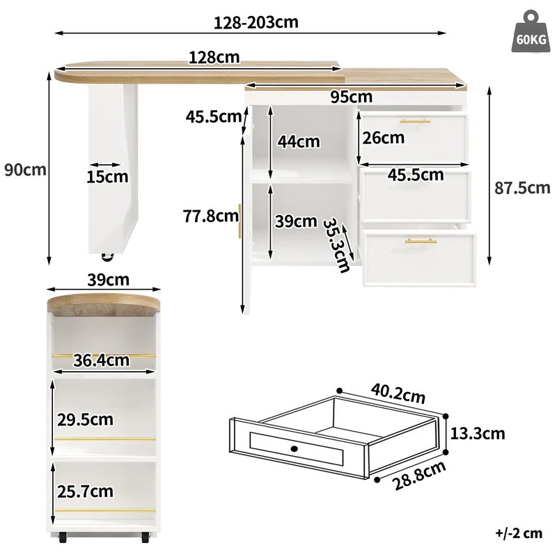 Table de bar blanche effet bois avec plateau pivotant 360° modulable 128-203cm CASCADERIFTEE