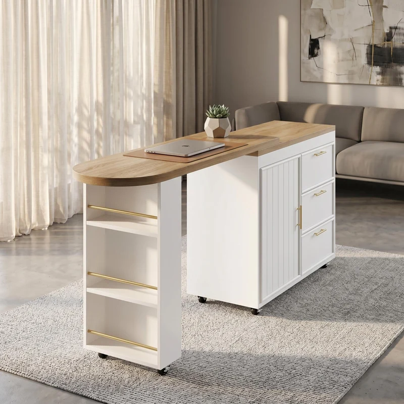 Table de bar blanche effet bois avec plateau pivotant 360° modulable 128-203cm CASCADERIFTEE