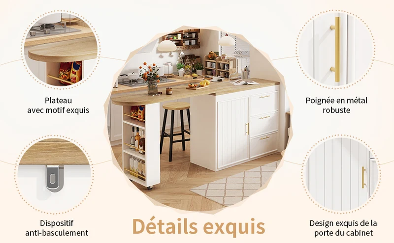 Table de bar blanche effet bois avec plateau pivotant 360° modulable 128-203cm CASCADERIFTEE